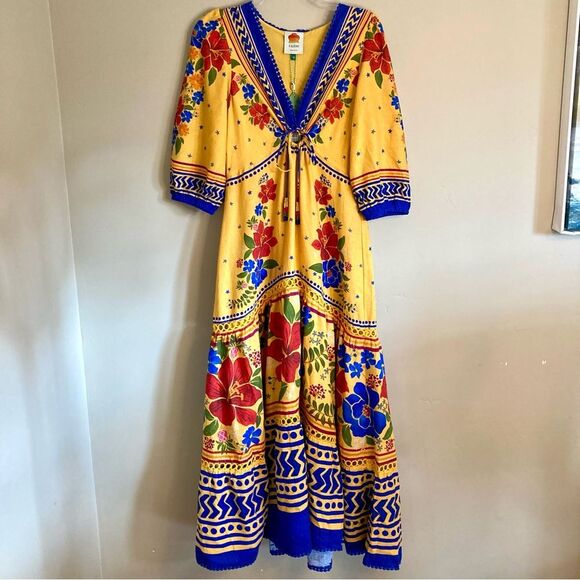 NEW FARM Rio Floral Yard Yellow Maxi Dress Embroidered Eyelet Beaded Tassel XS/S - Picture 7 of 16